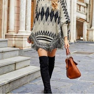 Taupe & Black Aztec Boho Fringe Poncho